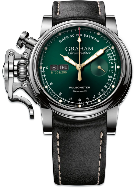 CHRONOFIGHTER VINTAGE PULSOMETER　2CVCS.G09A　GRAHAM（グラハム）は、1995年にスイスで誕生したクロノグラフを中核とする機械式腕時計ブランド。偉大な時計師ジョージ・グラハムの名を冠し、他にはない大胆なデザインと力強い存在感を持つタイムピースを生み出してきました。象徴的な大型ケースやトリガー型クロノグラフプッシャーに代表される、ひと目でグラハムと分かる造形は、流行や無難さとは一線を画す“NOT EVERYBODY’S WATCH”という哲学を体現しています。堅牢なケース構造と本格的な機械式クロノグラフムーブメントを搭載し、視認性・操作性にも優れた実用的な腕時計でありながら、個性と主張を強く放つ一本。人と被らない時計を求める時計愛好家や、強いキャラクターを持つ腕時計を探している方にこそふさわしいブランドです。