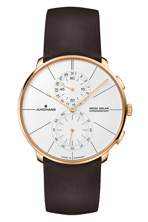 Meister fein Chronoscope MEGA Solar　59 7201 00JUNGHANS（ユンハンス）は、1861年創業のドイツ・シュランベルクに本拠を構える名門時計ブランド。バウハウスの精神を継承し、機能美と合理性を極めたデザインで世界中の時計愛好家を魅了してきました。シンプルでありながら独自の存在感を放つマックス・ビルをはじめ、フォーム、マイスター、1972シリーズなど、多彩なコレクションに共通するのは“ドイツらしい誠実なものづくり”への徹底したこだわり。精密なムーブメントと洗練された造形が調和するユンハンスの腕時計は、世代を超えて長く愛される機械式腕時計です。東京でユンハンスの時計をお探しなら、正規販売店・阪急メンズ東京 FORTUNE TIMEへ。都内でも有数の充実した展示数を誇り、クラシックからモダンまで幅広いラインナップをご覧いただけます。