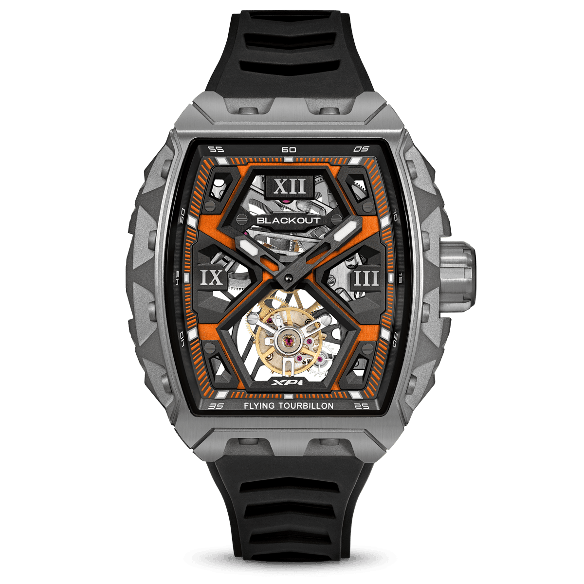 BLACKOUT WATCHES XP1 Tourbillon Titanium Orange / BOXP1TBTIOR「今注目のスイス時計ブランドBLACKOUT WATCHES（ブラックアウトウォッチ）が日本初上陸｜トゥールビヨン搭載の本格腕時計が手の届く価格で登場、ファッション感度の高い若者におすすめの最新ウォッチ」