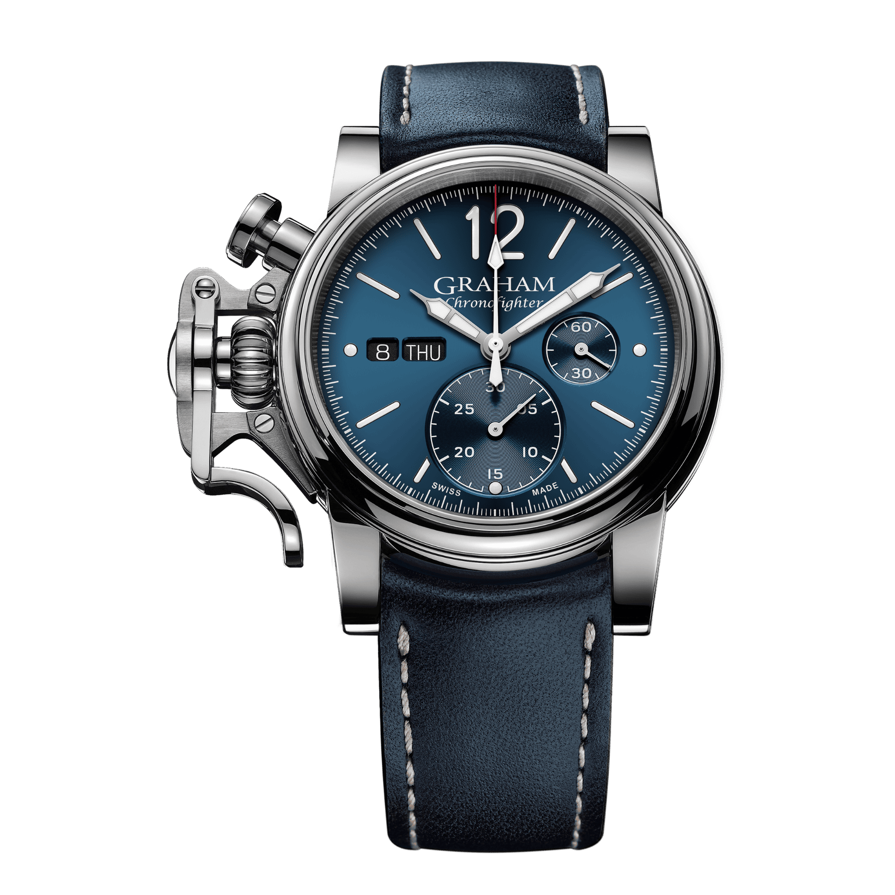 CHRONOFIGHTER VINTAGE BLUE GRAMAH グラハム 腕時計 44mm（クロノファイター ヴィンテージ ブルー）クロノグラフ 2CVAS.U01AGRAHAM（グラハム）は、1995年にスイスで誕生したクロノグラフを中核とする機械式腕時計ブランド。偉大な時計師ジョージ・グラハムの名を冠し、他にはない大胆なデザインと力強い存在感を持つタイムピースを生み出してきました。象徴的な大型ケースやトリガー型クロノグラフプッシャーに代表される、ひと目でグラハムと分かる造形は、流行や無難さとは一線を画す“NOT EVERYBODY’S WATCH”という哲学を体現しています。堅牢なケース構造と本格的な機械式クロノグラフムーブメントを搭載し、視認性・操作性にも優れた実用的な腕時計でありながら、個性と主張を強く放つ一本。人と被らない時計を求める時計愛好家や、強いキャラクターを持つ腕時計を探している方にこそふさわしいブランドです。