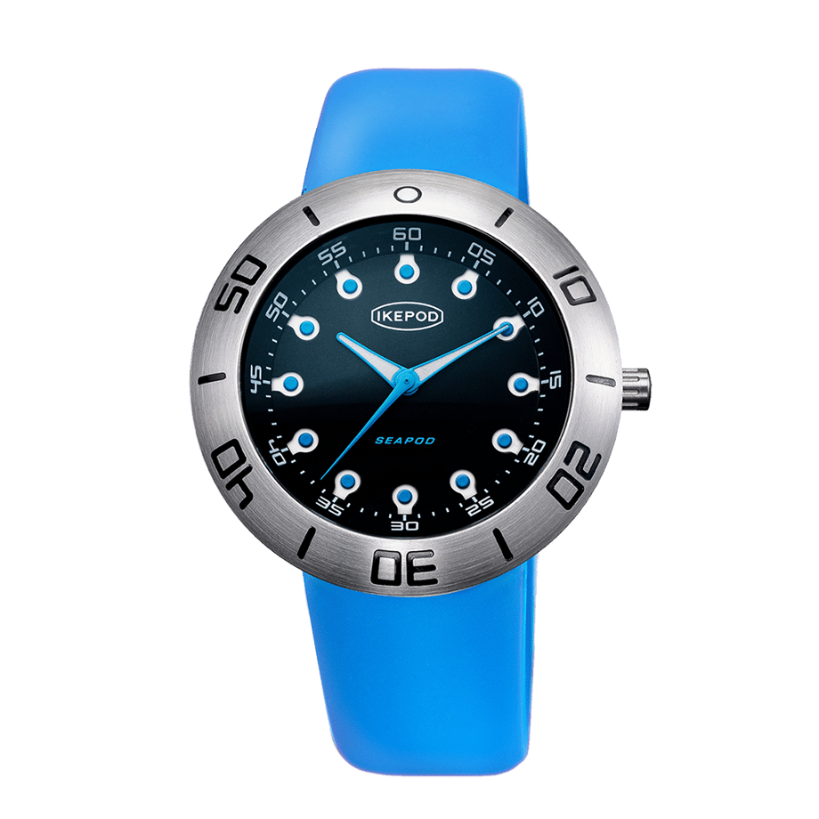 シーポッド　　 IPS002SILN　IKEPOD品番： IPS002SILN ケースサイズ：直径46mm ストラップ幅：24mm ケース素材：ステンレススティール ストラップ素材：シリコン ストラップ色：ブルー ムーヴメント：日本製自動巻ムーヴメント（MIYOTA） 防水性：200M防水