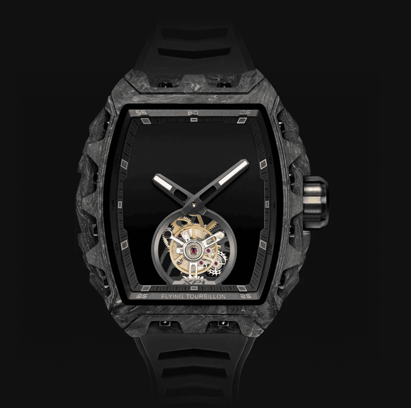 XP1 Tourbillon Phantom x Ocarat/ BOXP1TBLTCPHM BLACKOUT WATCHES　XP1 Tourbillon Phantom x Ocarat　「BLACKOUT WATCHES（ブラックアウトウォッチ）の限定モデルXP1 トゥールビヨン ファントム x オカラが日本初上陸｜世界限定50本のみ製造された希少モデルで、スイス・ジュネーブの自社工房にて熟練時計師が組み立てる高精度トゥールビヨンを搭載｜UACフォージドカーボンケースは暗闇で白く発光し、44mm×52mmサイズながら重量わずか110gの軽量設計｜ダブルバレルフライングトゥールビヨンムーブメントにより72時間のパワーリザーブを実現｜サファイアガラス、スイス製スーパールミノバ、真鍮製インナーリング、選べる高品質ラバーストラップを備え、10気圧防水と耐久性にも優れる｜日本国内ではわずか数本入荷の超希少トゥールビヨンモデルとして、高級腕時計ファン・トゥールビヨン愛好家に向けた注目の1本」