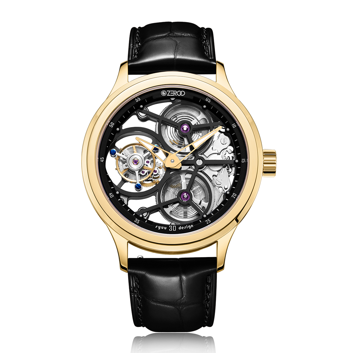 ZEROO（ゼロ） ZEROO TIME（ゼロタイム） T1 THE ARCHER FULL SKELETON TOURBILLON は、フルスケルトン構造とトゥールビヨン機構を融合させた独創的な機械式腕時計。手巻きトゥールビヨンムーブメント Cal.T1（振動数28,800振動）を搭載し、ダイヤル側・裏蓋側ともにサファイアクリスタルを用いたシースルー仕様により、精緻な機構の動きを存分に堪能できます。43mmケースは316Lステンレススチール製で、ミドルケースには水晶ガラスを採用し、立体感と透明感を強調。厚さ11.5mm、重量約69gと軽快な装着感も魅力です。Dバックル（ペルラージュ加工）付き本革ストラップや、ルミノバによる夜間視認性も備えた、デザイン性と機械式時計の醍醐味を兼ね備えた一本です。
