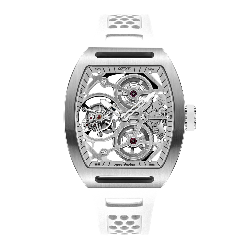 ZEROO ZT004-01SSVWHは、阪急メンズ東京「FORTUNE TIME」で30本限定発売された特別仕様のスケルトントゥールビヨン腕時計。トノー型41mmケースにフルスケルトン構造と手巻き式トゥールビヨンを搭載し、精緻なムーブメントの動きを可視化。高級感あふれるシルバー×ホワイト配色に、耐傷性と透明度に優れたサファイアガラスを採用した国内限定モデル。