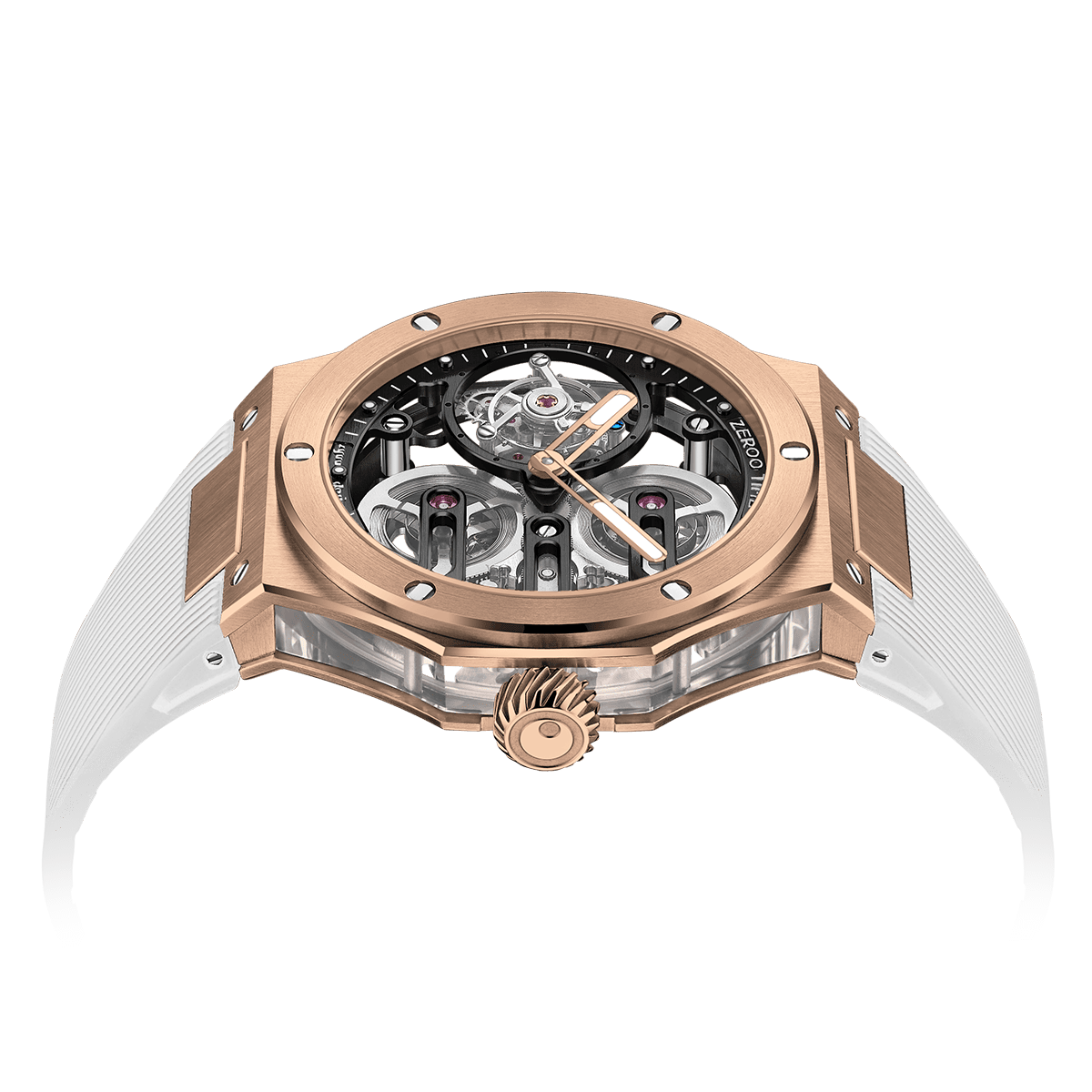 ZEROO T8 スケルトン トゥールビヨン ZT008RBWは、新設計の立体ダイアルフレームとT8専用開発のDバックル付きストラップにより、高硬度・高透明度の構造美と実用性を兼ね備えた、メカニカルデザインと着用快適性を極めた希少モデル。