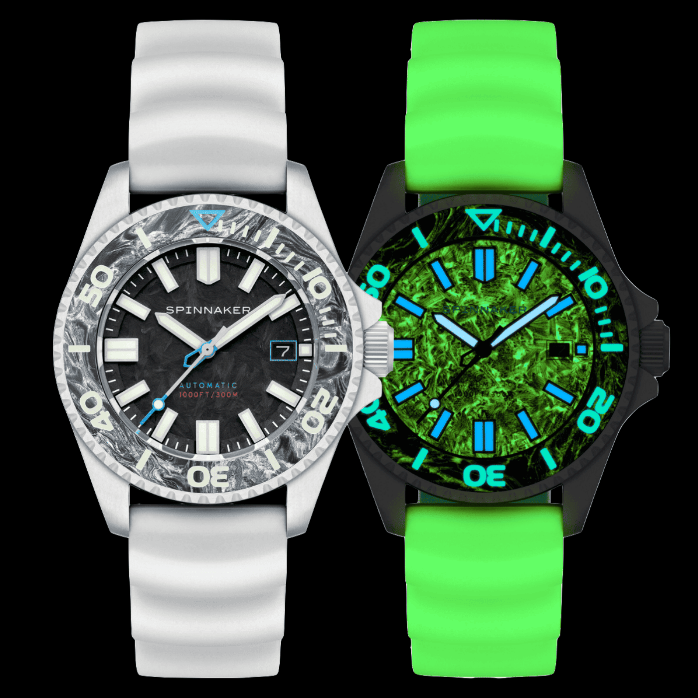 フォージドカーボンのマーブル模様が美しいSpinnaker Tesei Forged Carbon Automatic SP-5143-03。軽量で衝撃に強い先進素材を用いたダイバーズウォッチで、ダイヤル・ベゼル・替えベルトすべてに蓄光効果を持つ。サファイアガラス・30気圧防水・日本製自動巻ムーブメント搭載の限定200本高級腕時計。