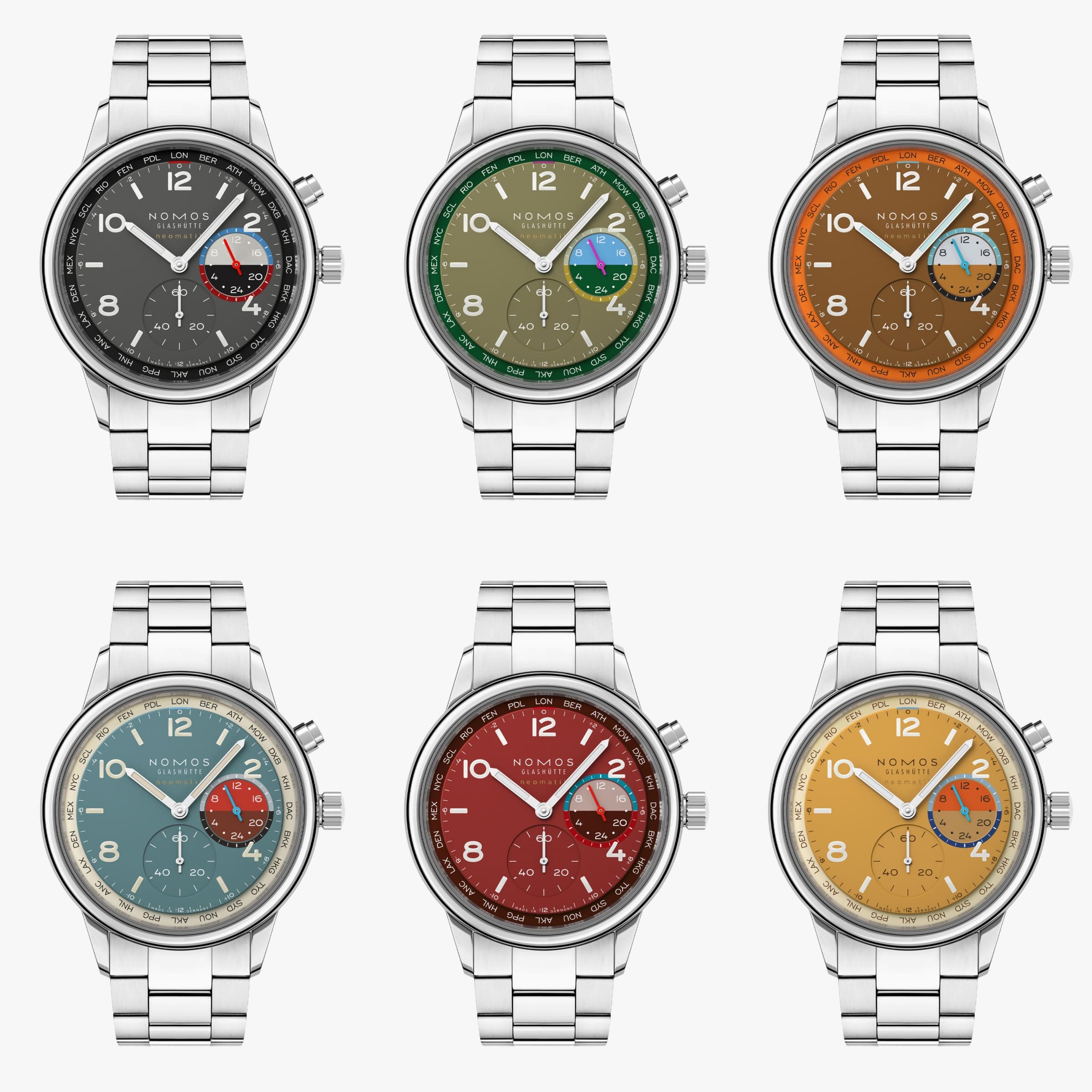NOMOS GLASHÜTTE  クラブ・スポーツ ネオマティック ワールドタイマー デューン　NM790.S6弾力や回復力に色があるとすれば、この腕時計の黄金のベージュ色はその最高の選択肢となるでしょう。果てしなき地平線と不変に見える変化に満ちた砂漠を彷彿とさせるからです。そして、ダイアル上では2つの冷たいブルーのセミサークルが温かい夕日のオレンジを蜃気楼のように捉えています。 自動巻きキャリバーを搭載するこのワールドタイム機能付き腕時計においては、スポーティーさと機能性が均衡しており、一目で24のタイムゾーンを見ることができ、セカンドタイムゾーンの24時間表示も備わっています。デューンは175本限定であり、世界との特別な自分だけの繋がりをもたらします。