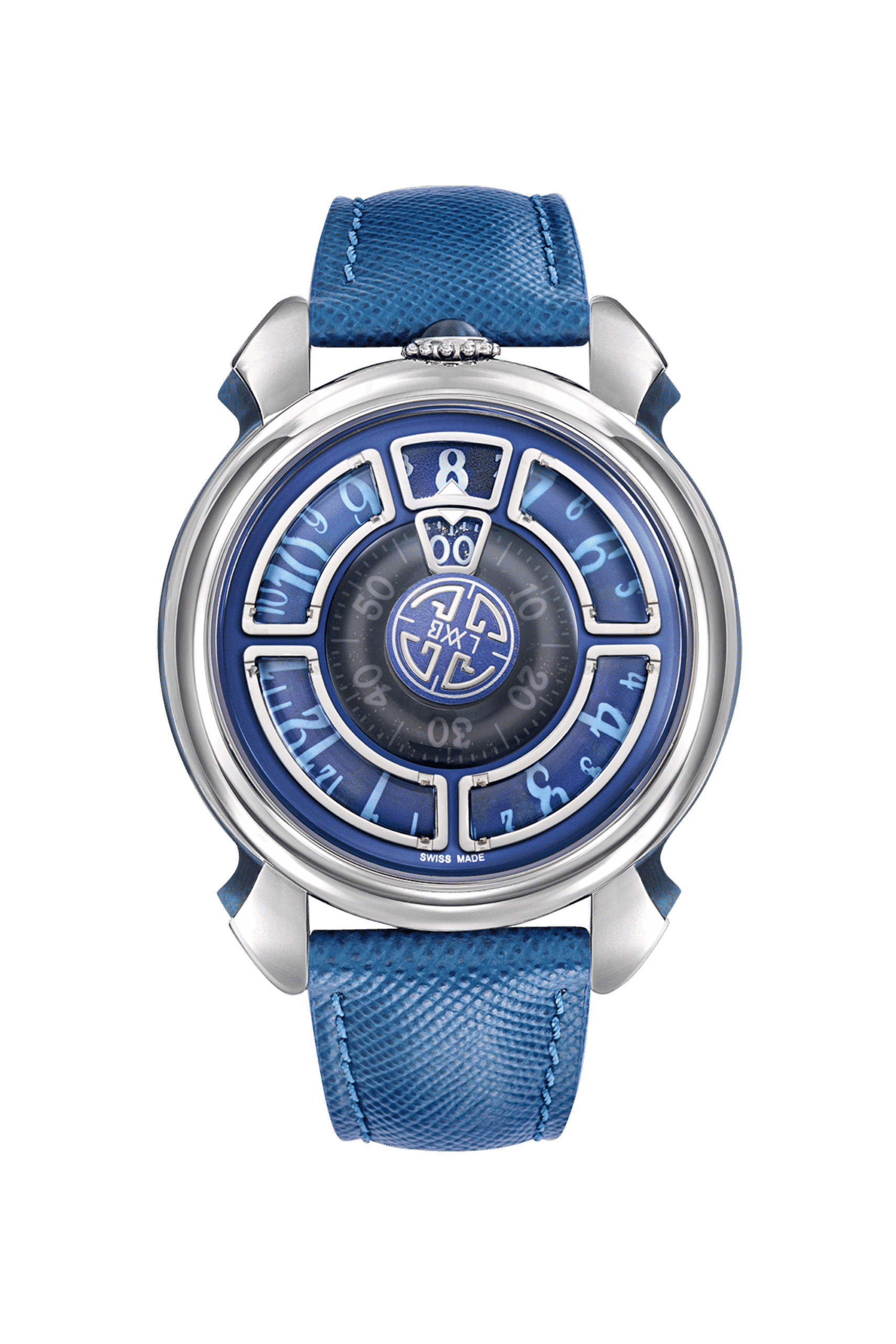 Gagà Laboratorio（ガガ・ラボラトリオ） LABORMATIC Luce 〈Ref. LMLU-001〉 世界限定100本。世界的時計メディア「Revolution」とその創設者 Wei Koh へのオマージュとして特別製作されたスペシャルエディション。Labormaticのデザイン哲学を受け継ぎながら進化し、分目盛ディスクと中央秒ディスクに天然ラピスラズリを採用、4分割ブルーダイヤルとブルーPVD加工のケースサイド＆リューズが“光”と“情熱”を象徴するラグジュアリーな一本。自動巻き La Joux-Perret LJP G100ムーブメント（パワーリザーブ約68時間）搭載、ダブルカーブサファイアクリスタルやサフィアーノレザーストラップなど徹底した美観とクラフツマンシップが融合した高級機械式腕時計。