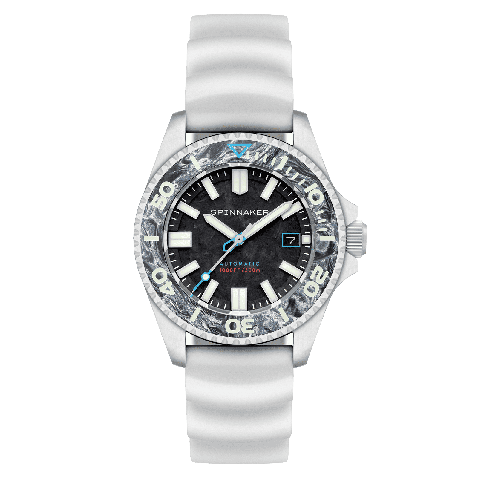  フォージドカーボンのマーブル模様が美しいSpinnaker Tesei Forged Carbon Automatic SP-5143-03。軽量で衝撃に強い先進素材を用いたダイバーズウォッチで、ダイヤル・ベゼル・替えベルトすべてに蓄光効果を持つ。サファイアガラス・30気圧防水・日本製自動巻ムーブメント搭載の限定200本高級腕時計。