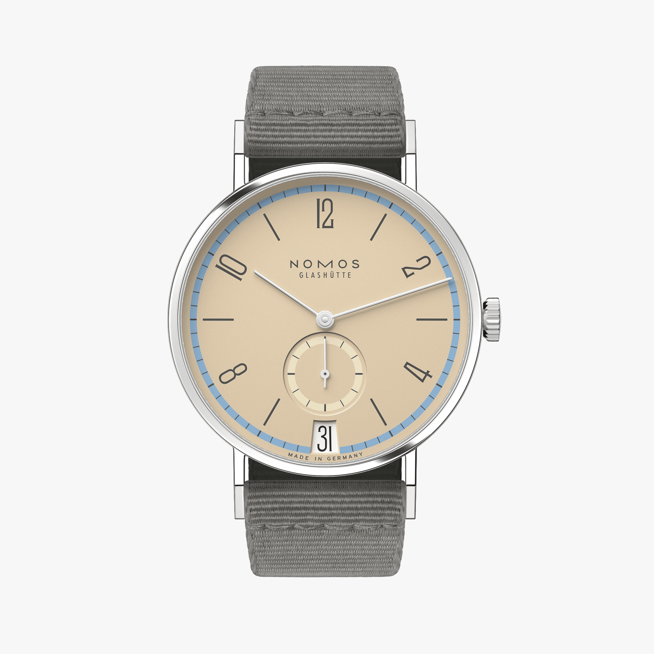 ノモス Tangente 38 Date Ariel 179.S25は、空や宇宙をイメージした澄んだブルーが印象的な手巻き時計。ユニセックスでレディースにもおすすめの175本限定モデルです。