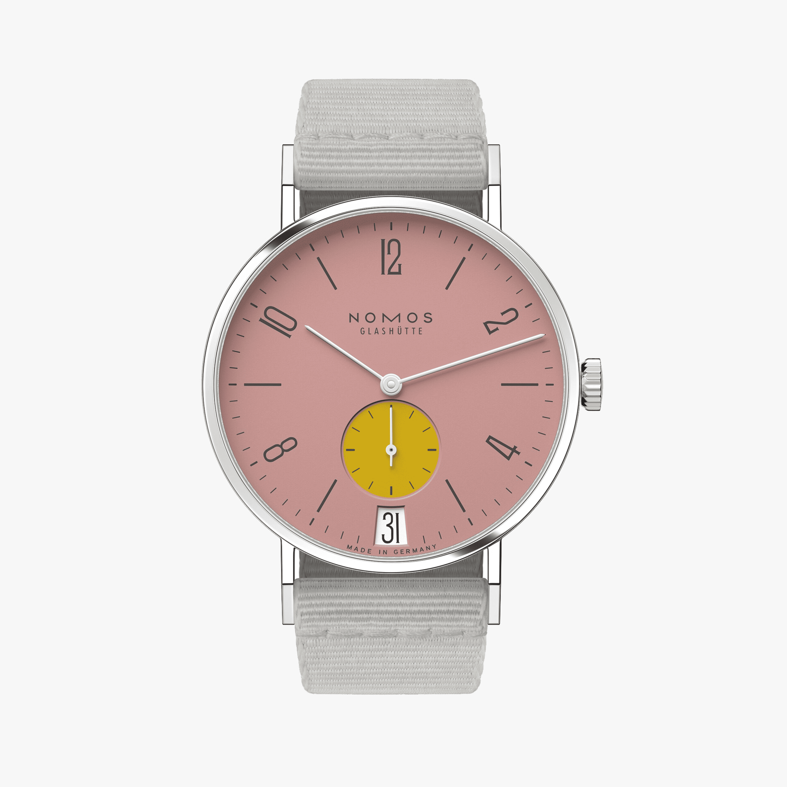 ノモス Tangente 38 Date Bubblegum 179.S7 – ビビッドピンクとイエローの大胆配色が目を引く手巻き機械式時計。ユニセックス仕様。
