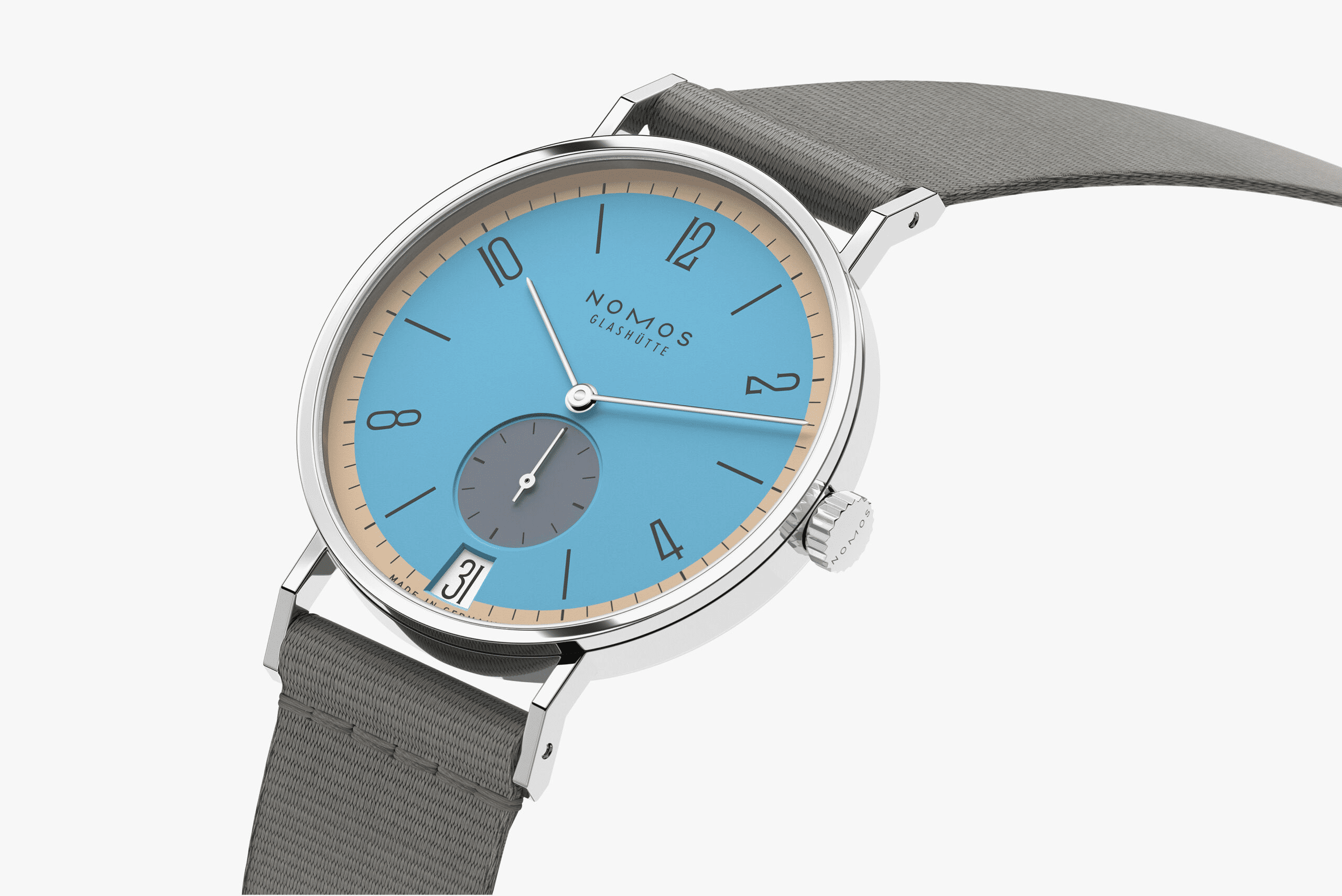 ノモス Tangente 38 Date Delfin 179.S22 – 爽やかなブルーダイヤルが魅力の手巻き機械式時計。ユニセックス仕様でレディースにもぴったり。