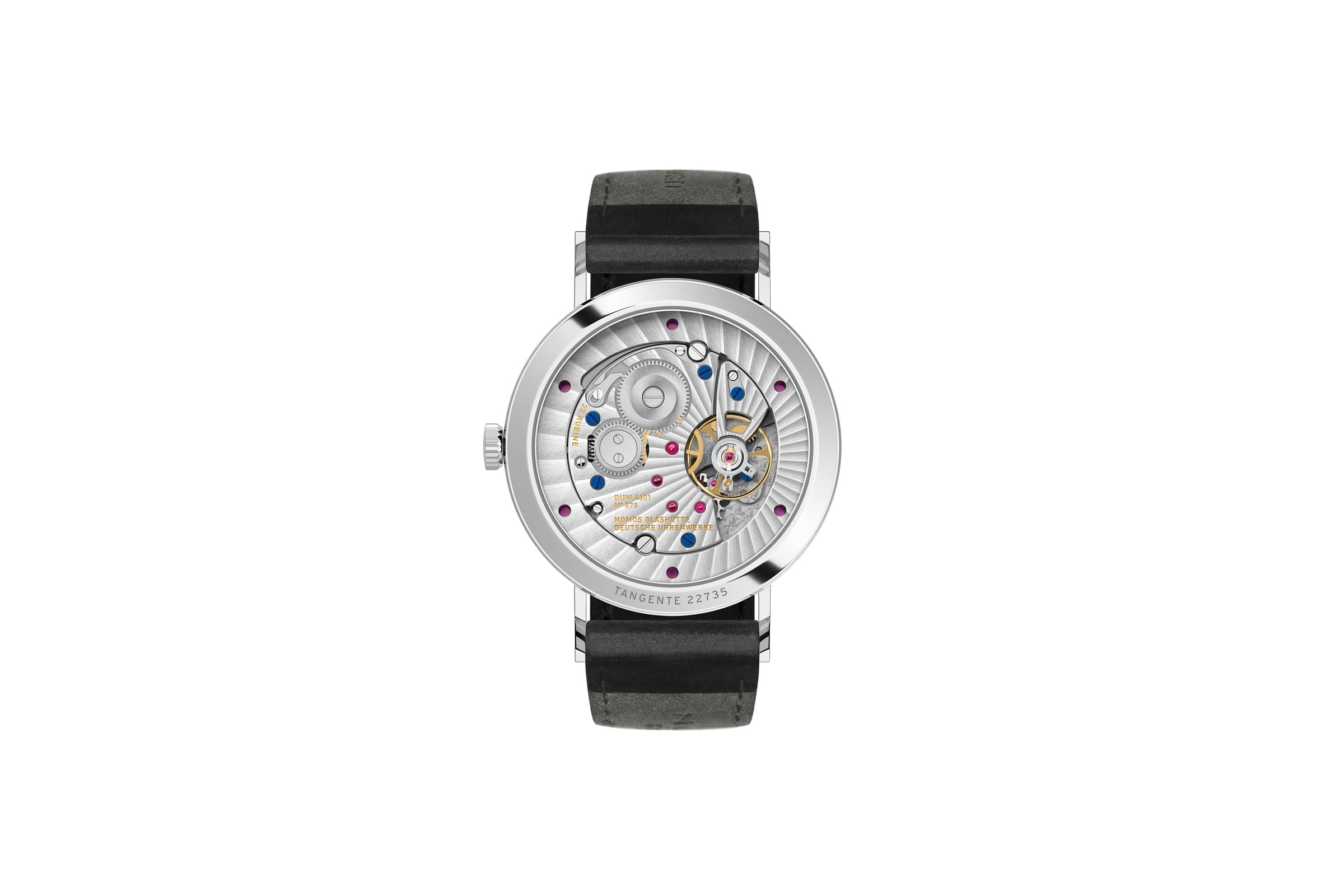 NOMOS Glashütte / Tangente 2 Date / NM136～新・手巻きキャリバー搭載～ ６時位置の数字と文字盤の外周に配置されたドットで表すクイック調整可能な２つのデイト表示。 52 時間パワーリザーブ、５気圧防水と性能も更に進化させました。  日付を把握する特別な方法が2つあるのに、どうして日付表示を1つだけにするのでしょうか。ノモスの新作タンジェント2デイトは、ダイアルの端に配置するリングデイトと6時の位置にある大きな日付窓で現在の日付が一目で分かり、月全体が見渡せます。このイノベーションは、新開発の迅速な日付調節が可能な手巻きムーブメントであるキャリバーDUW4601 によって可能となりました。一度着用すると手放せなくなる機能的なドレスウォッチです。