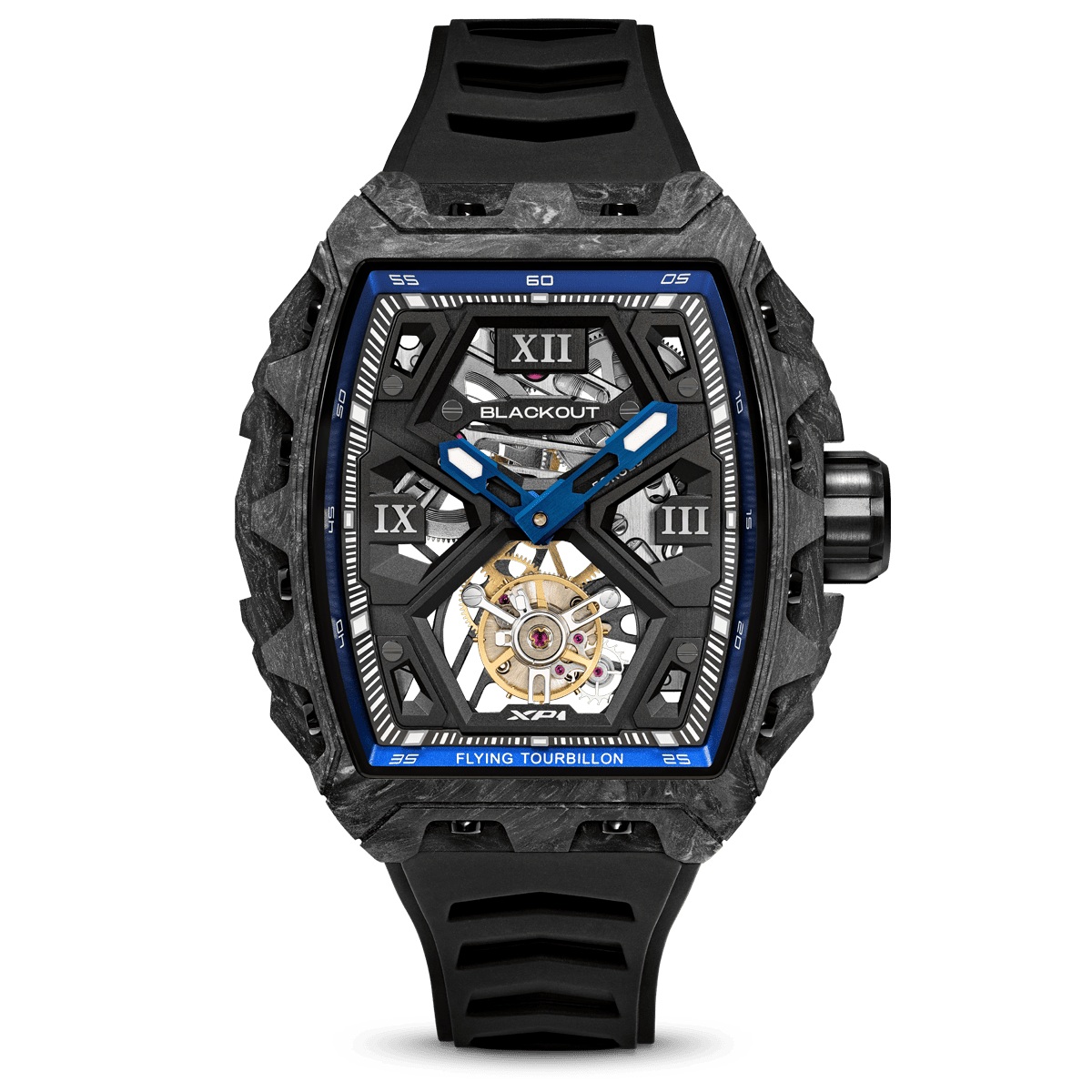 XP1 トゥールビヨン Tourbillon LT Blue / BOXP1TBLTCDB　⾼品質のアジア製トゥールビヨンを輸⼊し、それをスイス・ジュネーブの自社工房で熟練の職人達の手により再構築。部品はスイスの自社工場で徹底的に検査され、必要に応じて加工された後、現地で組み立て。このプロセスにより、手の届く価格でありながら、スイス製の高級トゥールビヨンにも匹敵するクオリティが実現させました。