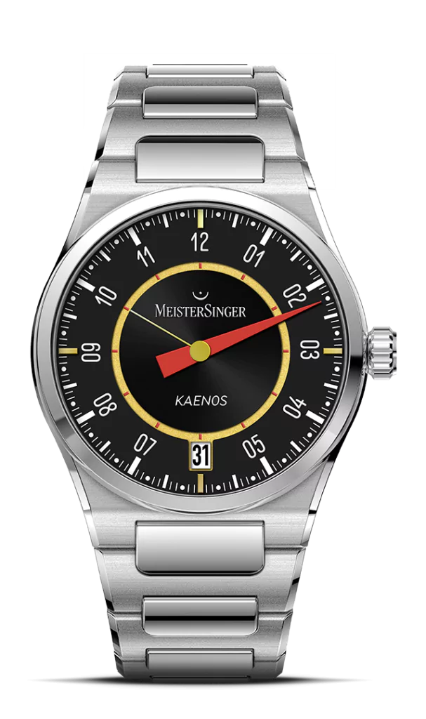 MeisterSinger × Alain Silberstein Edition Kaenos Grande Date  アラン・シルベスタインの作品は、大胆な色使い、幾何学的なフォルム、そして遊び心のあるデザインが特徴であり、時計業界の伝統的なデザインとは一線を画しています。 自身の名を冠したブランドを数十年にわたって率いたシルベスタインは、オート・オルロジュリー（高級時計製造）の世界でアイコニックな存在となりました。 このエディションウォッチは225本限定で製作されており、MeisterSingerのシングルハンドの哲学を守りながら、シルベスタインの独創的なデザインを融合。 さらに、スムーズに流れる秒針を採用することで、時計に新たな躍動感を加えました。これは単なる機能ではなく、時間の流れを視覚的に楽しむためのアートとしてのこだわり です。 このモデルは特別なデザインのパッケージとエディションブックレットが付属し、唯一無二のコラボレーションを完成させています。