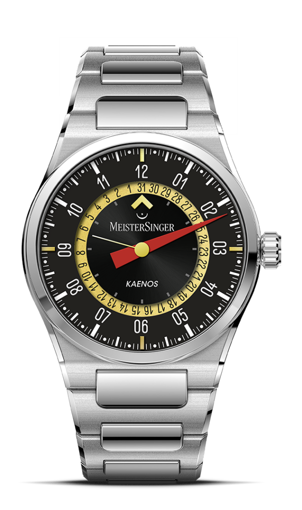 MeisterSinger × Alain Silberstein Edition Kaenos Open Date ED-KSOD-AS2025 アラン・シルベスタインの作品は、大胆な色使い、幾何学的なフォルム、そして遊び心のあるデザインが特徴であり、時計業界の伝統的なデザインとは一線を画しています。 自身の名を冠したブランドを数十年にわたって率いたシルベスタインは、オート・オルロジュリー（高級時計製造）の世界でアイコニックな存在となりました。 このエディションウォッチは225本限定で製作されており、MeisterSingerのシングルハンドの哲学を守りながら、シルベスタインの独創的なデザインを融合。 さらに、スムーズに流れる秒針を採用することで、時計に新たな躍動感を加えました。これは単なる機能ではなく、時間の流れを視覚的に楽しむためのアートとしてのこだわり です。 このモデルは特別なデザインのパッケージとエディションブックレットが付属し、唯一無二のコラボレーションを完成させています。