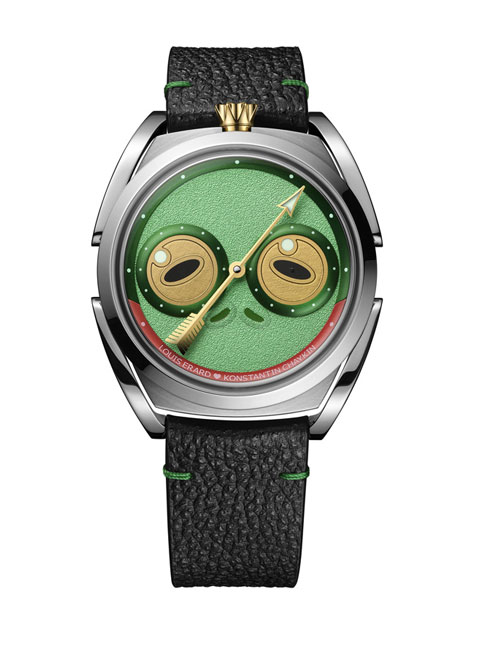 ルイ・エラールとコンスタンティン・チャイキンが衝撃的な作品を携え帰ってきました。かつて見たことのないカエルの王女様「Unfrogettable（アンフロゲッタブル）」の登場。スラヴ神話の生まれで、サムライの甲冑をまとい、スイスのジュラ山脈で製作されました。ケースは完全に作り直され、レギュレーターは生き物に生まれ変わりました。身に着けられる魔法の杖。チャイキンの独創的な発想とルイ・エラールの反骨精神によって作り出されたこの時計は、楽しさを超えた精密さ、狂気を超えた熟練の技で誰も望んでいなかったが、誰もが忘れられない作品です。