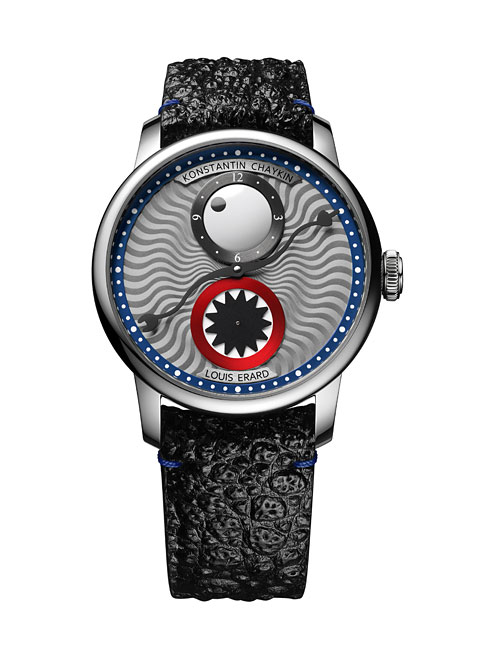 ノワールモンX レギュレイター ルイ・エラール×コンスタンチン・チャイキン LE85237AA90BGA087 目玉の様な12時位置のアワーカウンター、6時位置の口のようなセコンドカウンターで、文字盤全体が神話の世界に出てくるキャラクターの顔を表現。