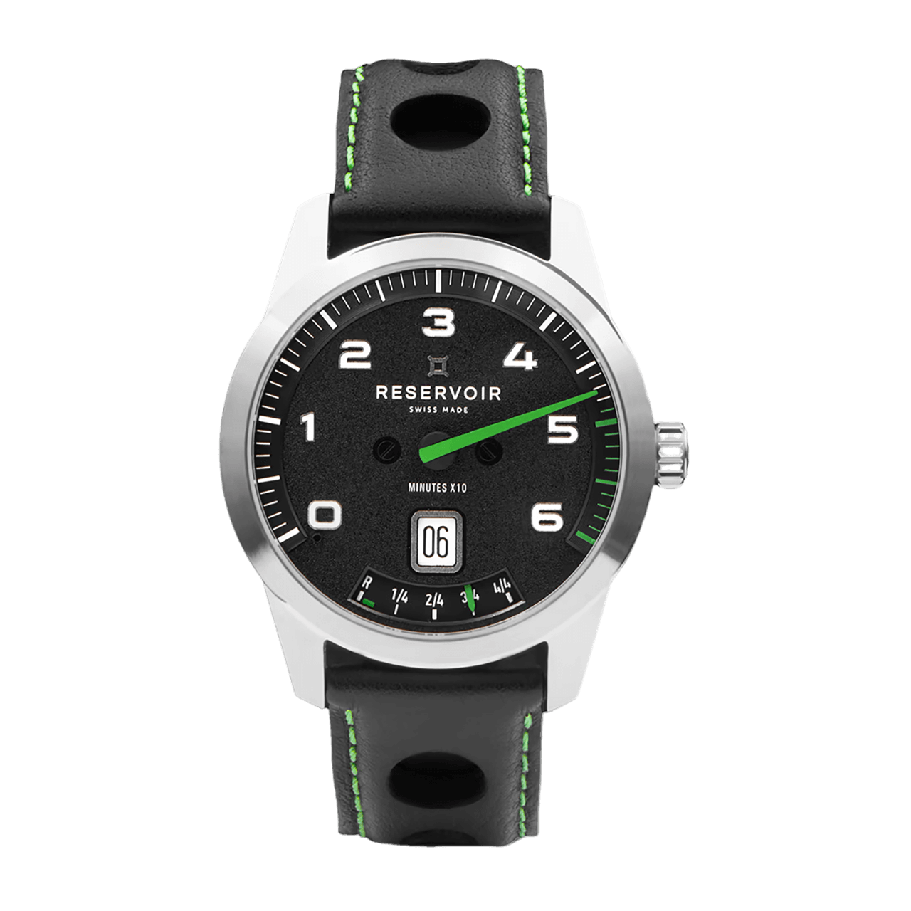 GTツアースプリングラップ　「GTツアー スプリングラップ」は、陽光が照らす初春のサーキットを思わせる、躍動感に満ちた一本です。 マットブラックのダイヤルと鮮やかなグリーンの分針は、レースカーの回転計やスピードメーターに着想を得たもので、高い視認性とスポーティな美しさを兼ね備えています。 ケースは43mm径のステンレススチール製で、レザーストラップとともに手首に心地よくフィット。グリーンがもたらす爽やかさが、走り出したくなるような高揚感を演出します。 ムーブメントには、自社特許を持つキャリバー「RSV-240」を搭載。スイス製のマニュファクチュールムーブメント（LJP-G100ベース）に、レトログラード分表示、ジャンピングアワー、56時間パワーリザーブという3つの複雑機構を組み込んだ自動巻ムーブメントです。 特製木製ボックスに収納され、交換用NATOストラップが付属します。