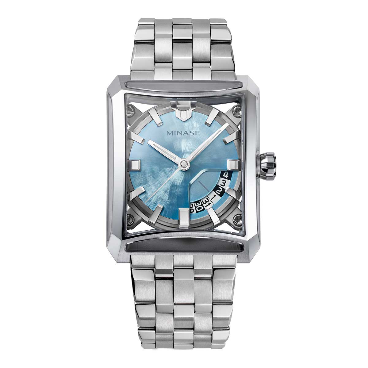 セブンウインドウズ 雪平文字盤 ブレスレット　アイスブルー　ケース イン ケース構造が可能にする究極的なダイヤルの立体感と質感を、大きく開けられた風防、裏蓋、そしてケース全周に配された7つの窓からご堪能いただけます。 7枚のサファイアガラスを通る光が生み出す輝きと陰影が、角度、時間によって刻々とうつろう様は、他にない時計の美を生み出しています。