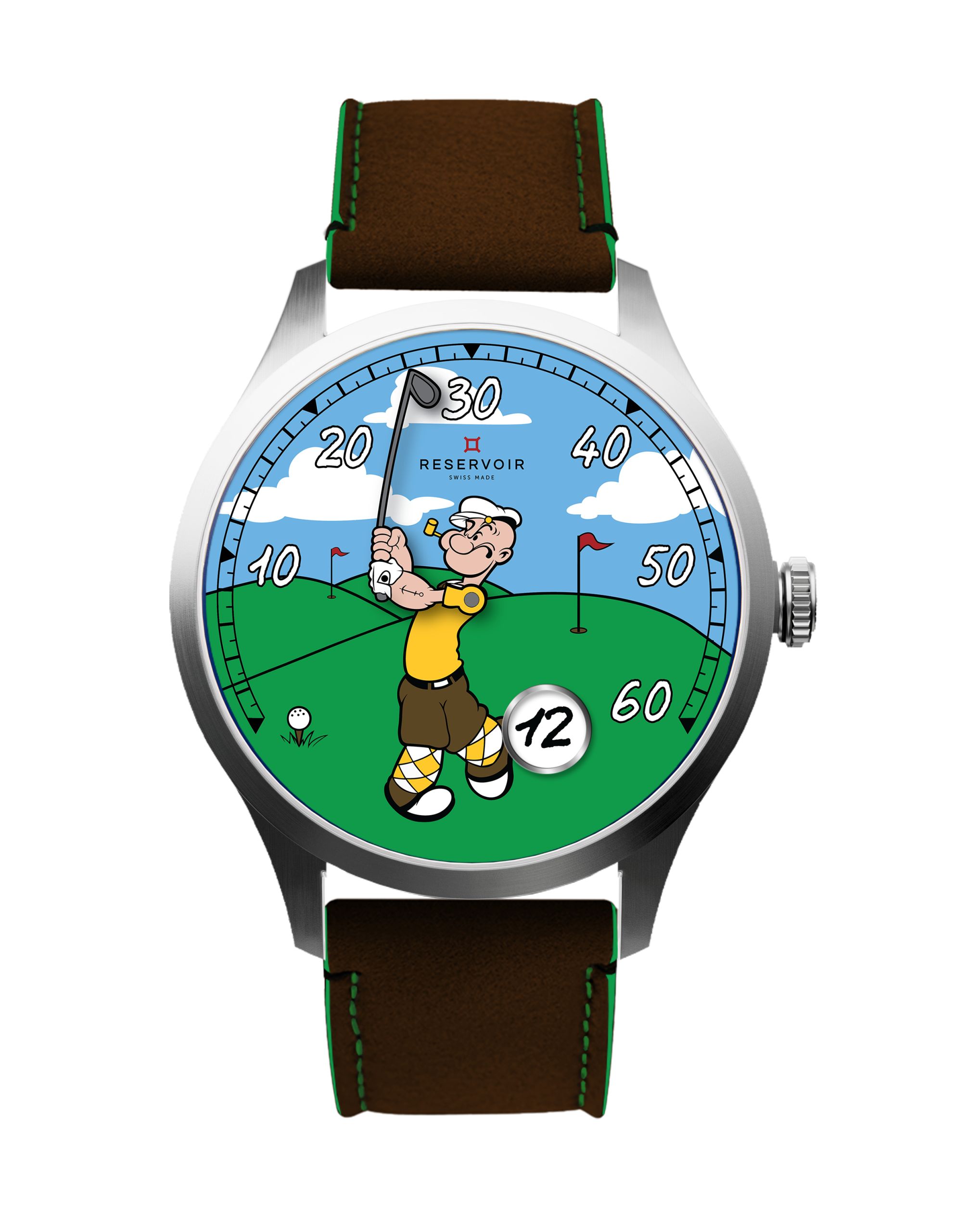 レゼルボワール　ポパイ　新作「レゼルボワール × ポパイ ゴルフ」は、ゴルフ場を背景にスイングするポパイをモチーフにしたシングルハンドダイヤルが特徴。  ユーモアと時計技術の精緻さが融合したこのモデルは、レトログラードミニッツと5時位置のジャンピングアワーを搭載したユニークなデザインです。 41.5mmのステンレス・スティールケースに、グリーンステッチをあしらったブラウンヌバックレザーストラップを組み合わせ、 スポーティかつ洗練された印象に仕上げています。 搭載されているムーブメントは、新開発のキャリバー「RSV-240」。   レゼルボワール独自開発・特許取得済みのレトログラードミニッツ、ジャンピングアワー、約56時間のパワーリザーブという3つのコンプリケーション機能を備え、LJP-G100をベースとしたムーブメントとの組み合わせにより、卓越した機能と信頼性を実現しています。   「ポパイ ファミリー」のイラストがあしらわれた白い木製ボックスに、ゴルフボール（1個）を添えてお届けします。 （© 2022 King Features Syndicate™ Hearst Holdings, Inc.）
