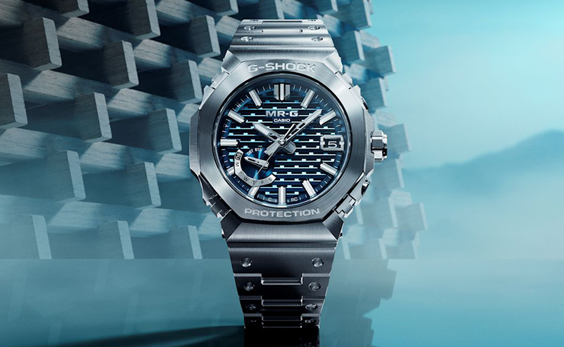 MR-G(エムアールジー) 2026新作 伝統技法「木組」から着想を得た格子状立体文字板。日本古来の伝統色「縹色」をダイアルで表現した“MR-G”