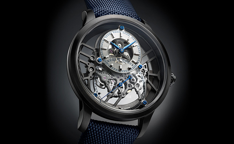 JAQUET DROZ(ジャケ・ドロー) 2019新作 モダンでマスキュリンなアイデンティティを結集した力強いブラックとブルーのテクニカルモデル「グラン・セコンド スケルトン セラミック」