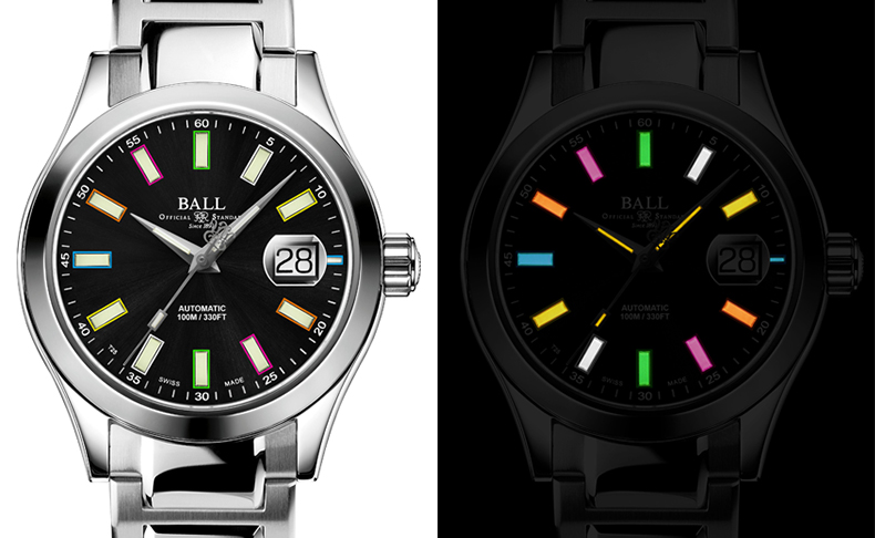 BALL WATCH(ボール ウォッチ) 最高級ステンレススティールへとグレードアップした3針ベーシックモデルにレインボーカラーの自発光マイクロ・ガスライトをセット。ボール ウォッチ「エンジニア III マーベライト」