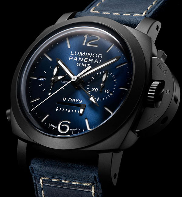 PANERAI(パネライ) 2021新作 ルミノールの個性的なデザインと複雑機構への独自アプローチが融合した、パネライ「ルミノール クロノ モノプルサンテ GMT ブルーノッテ」