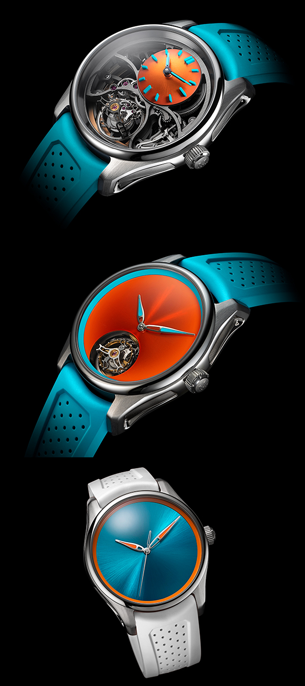 H.Moser & Cie.(H.モーザー) 2025新作 鮮やかなカラーの3モデル。H.モーザー「パイオニア・シリンドリカル トゥールビヨン スケルトン スパイスドアクア」「パイオニア・トゥールビヨン スパイスドアクア」「パイオニア・センターセコンド スパイスドアクア」