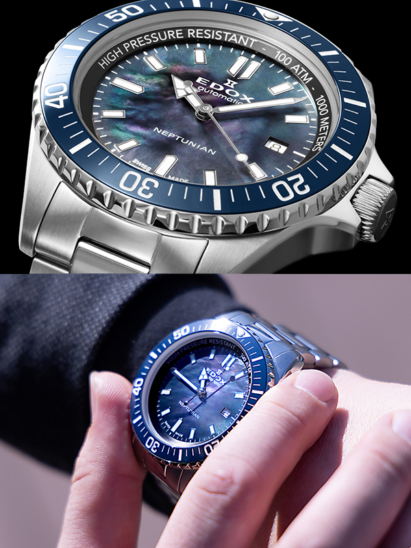 EDOX(エドックス) 2024新作 海の神を象った1,000m防水ダイバーズを彩る、ブラックMOP文字盤の日本限定モデル。エドックス「ネプチュニアン オートマティック ジャパン リミテッドエディション」