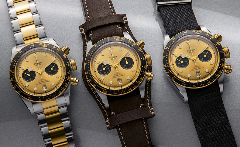 2022新作 チューダー「ブラックベイ」コレクションの中で、ひと際シックなオーラを纏うスチール&イエローゴールドのクロノグラフ。