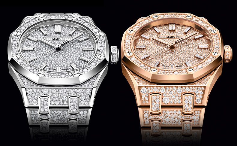 2023新作 スノーセッティングのダイヤモンドが輝くハイジュエリーの34mmと37mmのタイムピース。オーデマ ピゲ「ロイヤル オーク オートマティック」