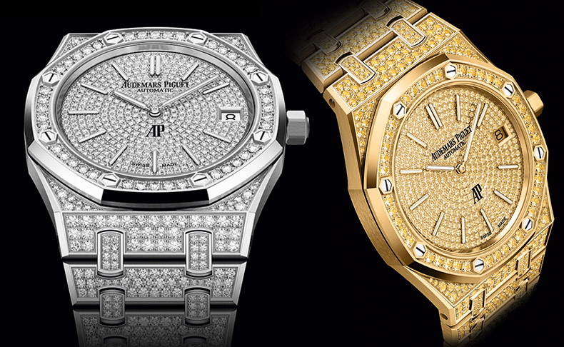 2023新作 ホワイトゴールドとイエローゴールドの2バリエーションでフルセッティングの限定モデルが登場。オーデマ ピゲ「ロイヤル オーク“ジャンボ”エクストラ シン」フルセッティングバリエーション