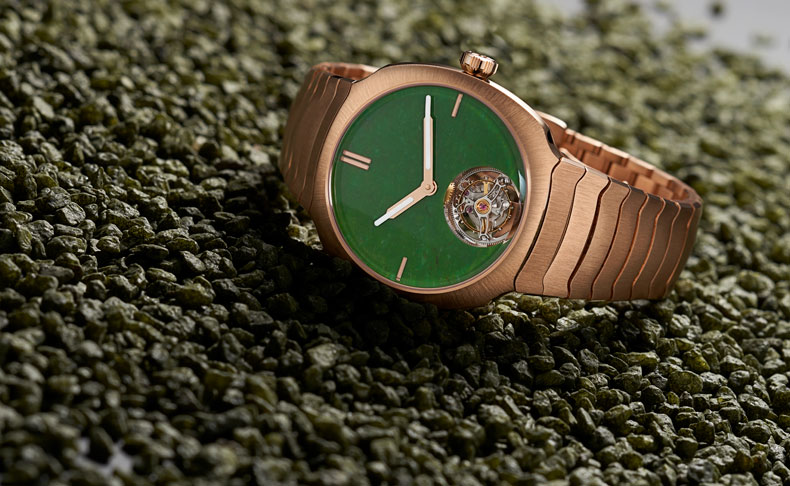 2024新作 純粋なエレガンス、繊細な色合い、優美な輝き。天然石「ジェード(翡翠)」を用いたダイアルの新作、H.モーザー「ストリームライナー・トゥールビヨン ワイオミングジェード」