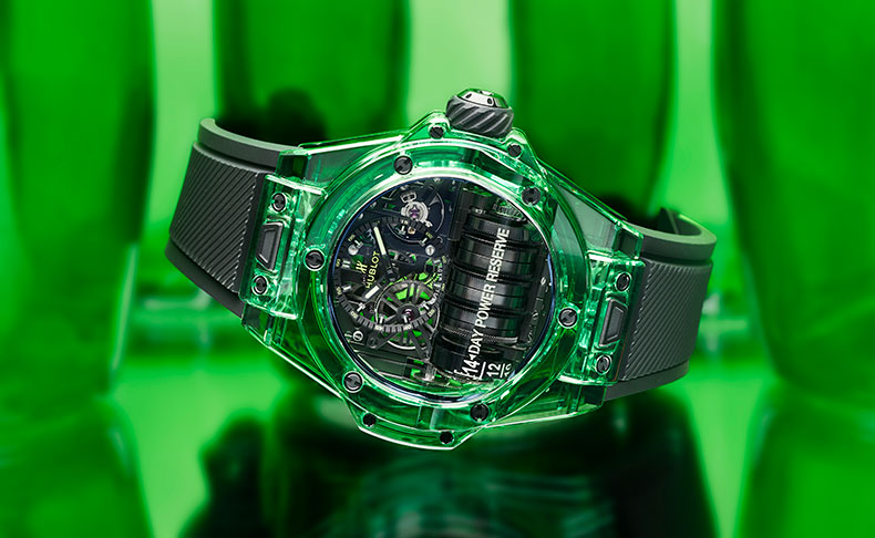 2020新作 新たな透明素材、グリーンのSAXEMを採用したカラフルな「ビッグ・バン MP-11 14デイ パワーリザーブ グリーンSAXEM」