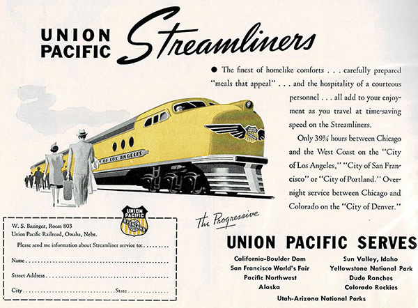 1937年、米国のメンズ誌「Esquire」に掲載されたユニオンパシフィック鉄道が運行するストリームライナーの広告