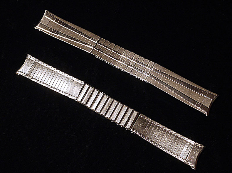 入手した際には普通のレザー・ストラップが付いていたように思うが、地元の中古時計店を訪ねたところジャンク箱の中にアメリカ製「Kreisler(クライスラー)」(下)のメタル・ブレスレットを発見。エンド幅が17.1mmという微妙なサイズは、ほぼ「アキュトロン」専用だろう。もう1本のブレスレットは都内のとあるアンティーク時計店の、これもジャンク箱にて発見したもの。米国「HADLEY(ハドレイ)」(上)の製品でエンド幅は17.0mm。デザイン的にも「アキュトロン」を想定したものに思える。