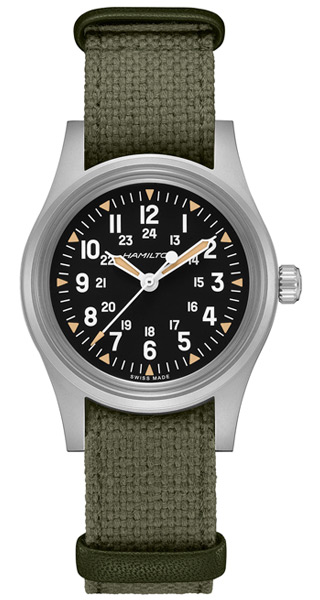 米軍制式採用モデルは軍用品ゆえに時計会社名は無銘だが、当モデルは1970年代に使用されたハミルトンのロゴを使用